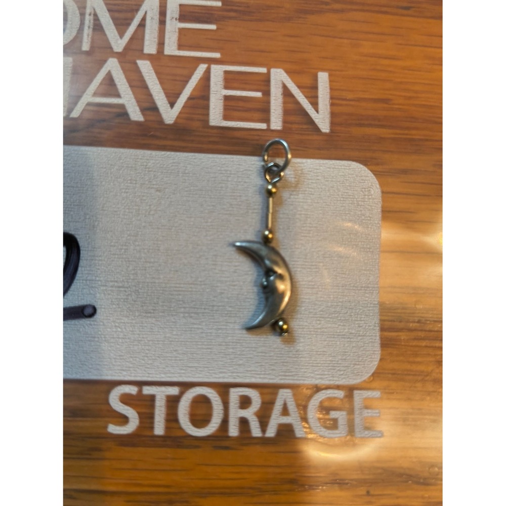 Vintage Crescent Moon Face Dangle Charm Pendant Celestial Two Tone 925 Silver